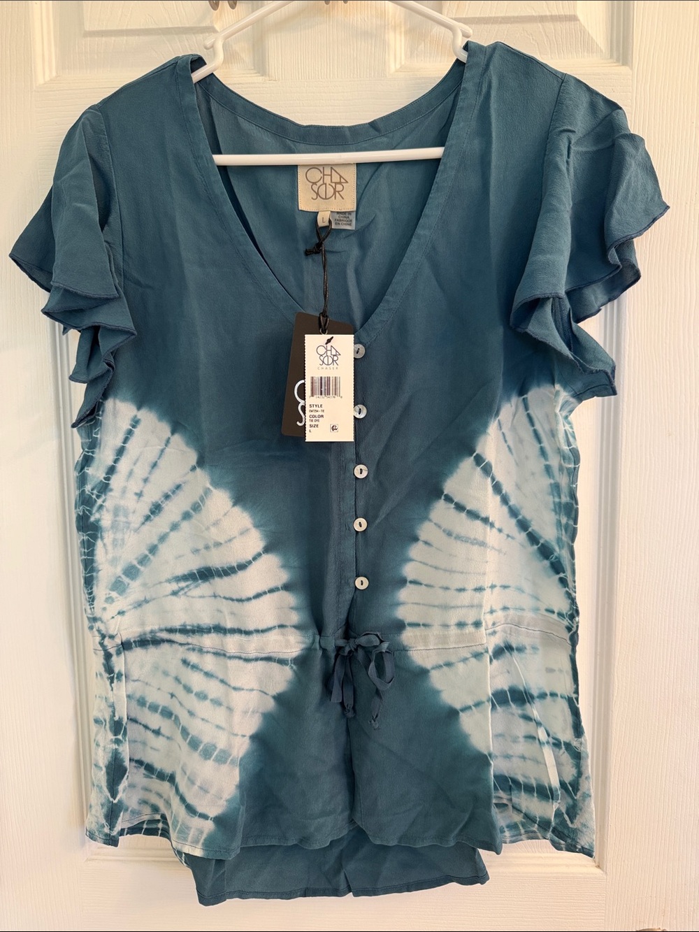 Chaser Teal and White Tie-Dye V-Neck Button Top